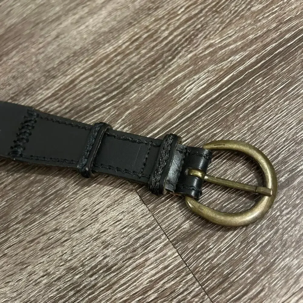 Vintage L.L.Bean Black Leather Beaded Belt Sz L Brass Buckle Western Boho Unisex